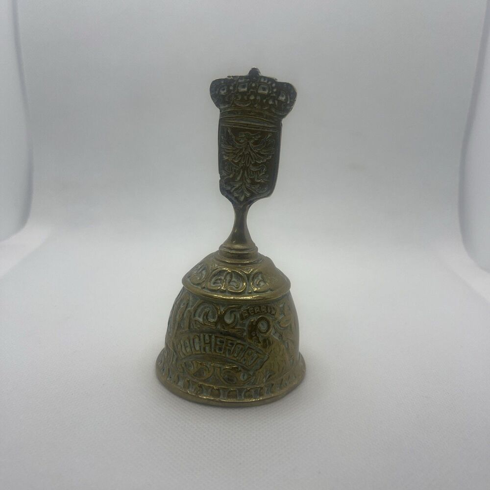 VINTAGE HEAVY ORNATE DECORATIVE BRASS BELL WITH CROWN ON HANDLE